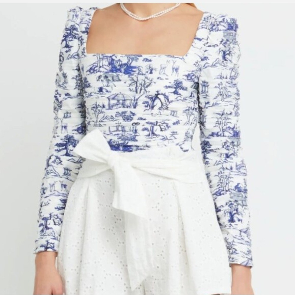 Kourt Toile Smocked Crop Top Women Small Blue White Square Neck Romantic French